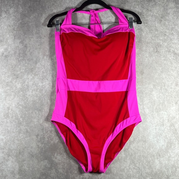 Boden Santorini One Piece Swimsuit Womens 14R Red Colorblock Halter Open Back - Picture 1 of 6